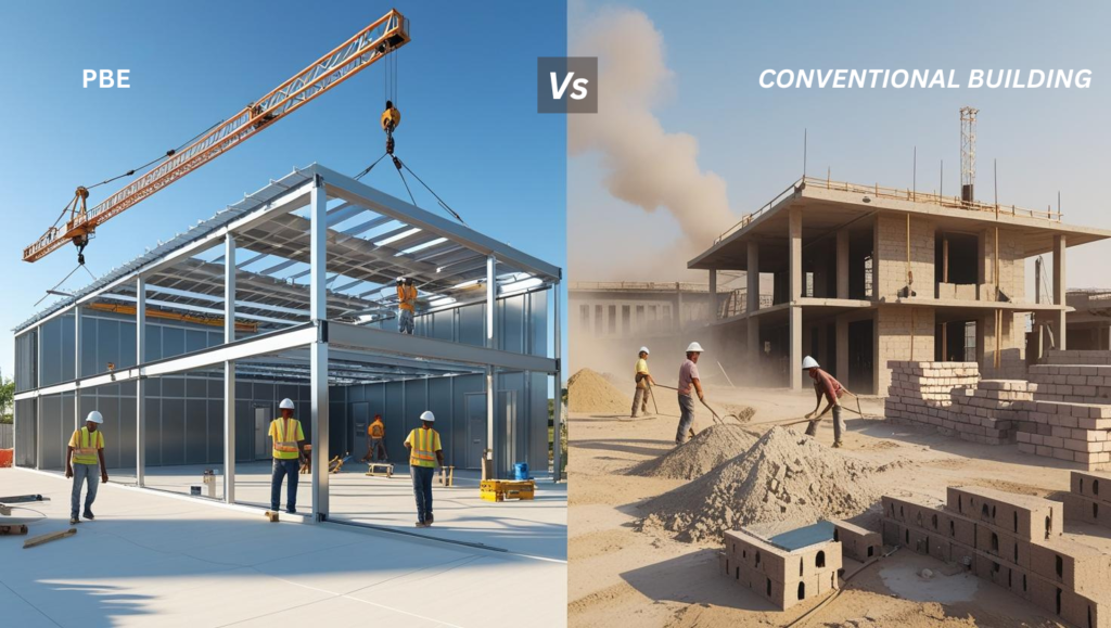 PEB steel building installation compared to conventional brick and cement construction site