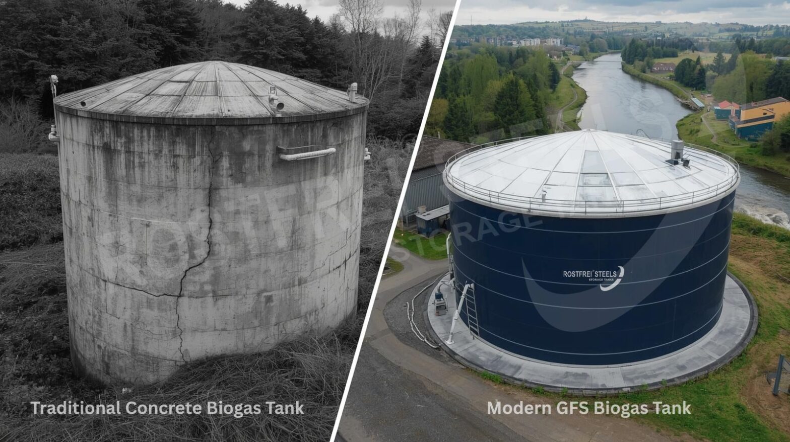 Comparison of traditional cracked concrete biogas tank and modern GFS biogas tank.