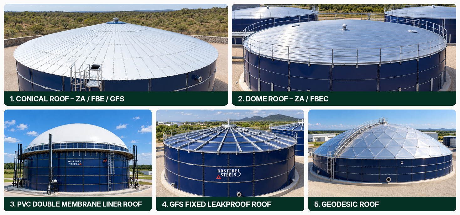 Types of roofs available for Glass Fused to Steel tanks
