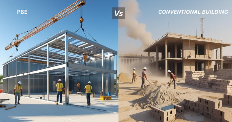 PEB steel building installation compared to conventional brick and cement construction site