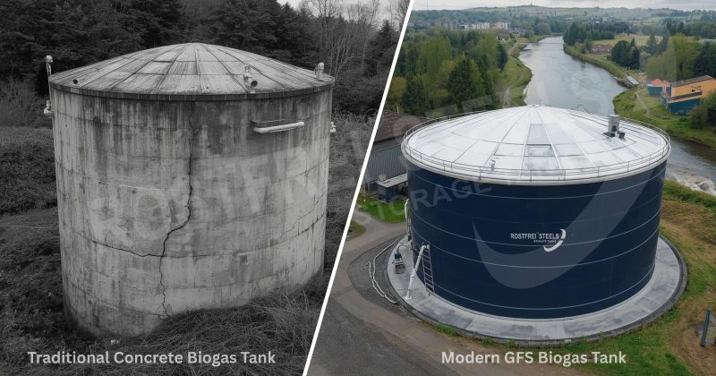Comparison of traditional cracked concrete biogas tank and modern GFS biogas tank.